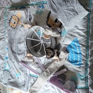 EUC Baby boy comforter, dust ruffle, sheet, and mobile.